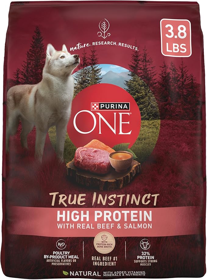 Purina ONE Natural High Protein Dry Dog Food Dry True Instinct with Real Beef and Salmon With Bone Broth and Added Vitamins, Minerals and Nutrients - (Pack of 4) 3.8 lb. Bags - PAWPICO