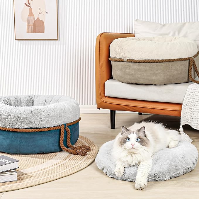 寵幸 Cat Beds for Indoor Cats, 22in Super Soft Thickened and Fluffy Pet Beds, Anti-Slip & Water-Resistant Bottom, Machine Washable Cat & Dog Bed, Navy Grey - PAWPICO
