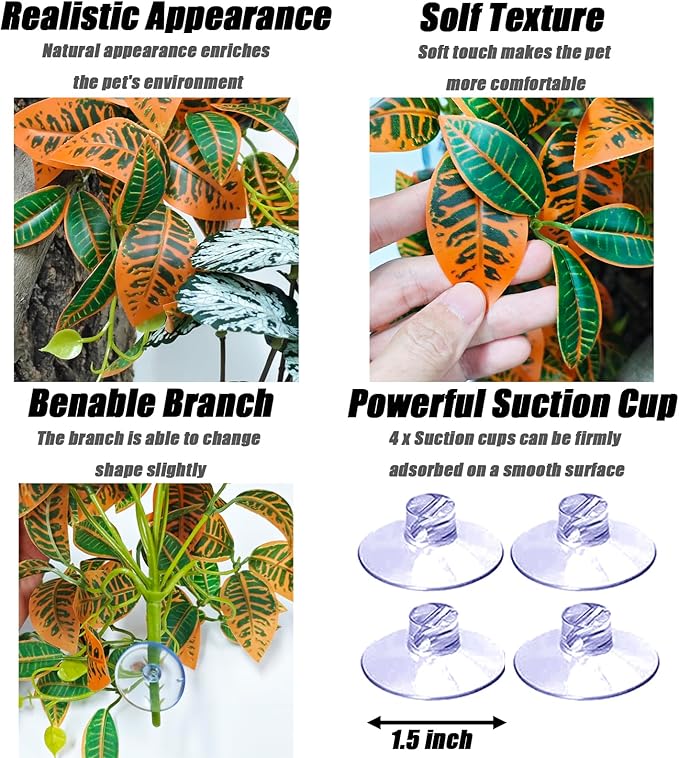 Woyrise 2 Pack Reptile Plants, Terrarium Hanging Plant Vines, Artificial Leaves with Suction Cup, Bearded Dragon Tank Accessories for Gecko Lizard Snake Frog Tortoise Decorations - Codiaeum Variegatum Woyrise