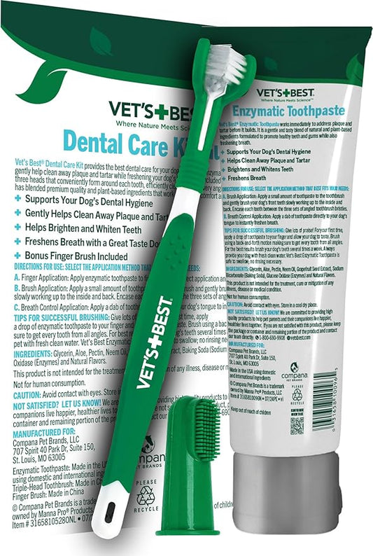 Vet's Best Dog Toothbrush & Enzymatic Toothpaste Kit - Teeth Cleaning - Made with Natural Ingredients - Reduces Plaque, Whitens Teeth, Freshens Breath - Bonus Care Guide & Finger Brush Included VetsBest
