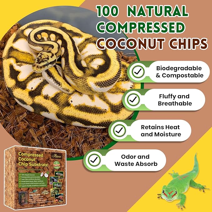 Riare 8.8LB Coconut Chip Substrate for Reptiles, 60 Quart Coconut Fiber Substrate Coco Chips Substrate Coconut Husk Bedding for Snakes, Tortoises, Ball Python, Bearded Dragon, Geckos, Lizards, Frogs Riare