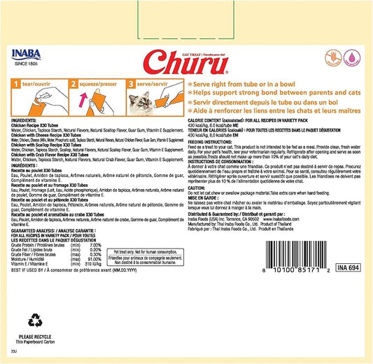 INABA Churu Cat Treats, Lickable, Squeezable Creamy Purée with Vitamin E, 0.5 Ounces per Tube, 120 Tubes Total, Chicken Variety INABA
