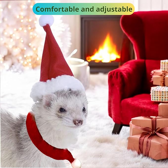 Ferret Hat and Adjustable Scarf Set, Small Christmas Hats for Pets Cute Collar for Ferrets Chinchilla Squirrel Bunny Rabbit Kitten, Guinea Pig Christmas Outfit, Ferret Accessories Costume (Christmas) HomedyCrafts