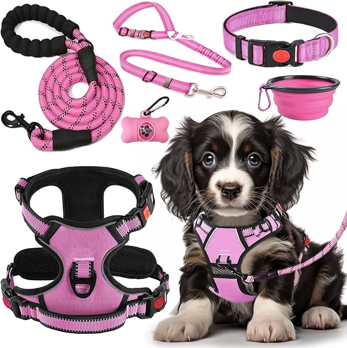 No Pull Dog Harness, Collar & Leash Set | Includes Dog Seat Belt, Collapsible Bowls & Poop Bag Dispenser. Ideal for Training, Walking, Hiking. Fits Small to Large Dogs(Pink-M) Lovebegetslove