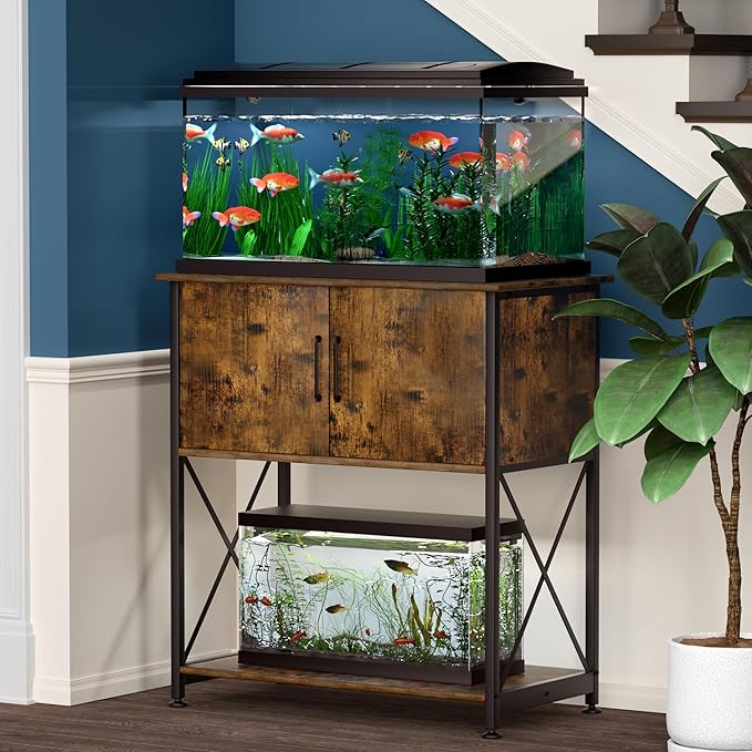 20-29 Gallon Aquarium Stand Metal Frame Fish Tank Stand with Cabinet Storage, for 20 Gallon Long Aquarium,30.7" L*16.5" W Tabletop,330LBS Capacity Rustic Brown and Black PG01YGN Herture