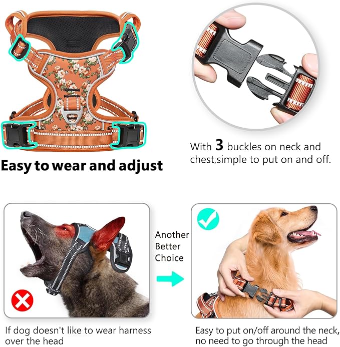 Timos Dog Harness for Large Dog, No Pull Service Vest with Reflective Strips and Control Handle,No Choke Dog Harness with 2 Metal Rings for Easy Walking,Outdoor Training,Flower Orange, L Timos