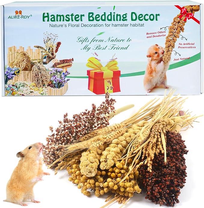 Natural Hamster Bedding, Hamster Herbs Flowers for Hamster Cage Enclosure Habitat Decor Hamster Sprays for Dwarf Syrian Guinea Hamsters Gerbil Degus or Other Small Animals(Grain Version) ALWZ-RDY