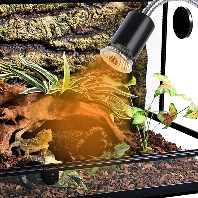 LUCKY HERP Reptile Heat Lamp with Clamp, Aquarium Turtle Tank Basking Light with 360° Rotatable Timing & Dimming and 2 Pack 50W UVA UVB Heat Light Bulb for Turtle Tortoise Lizard LUCKYHERP