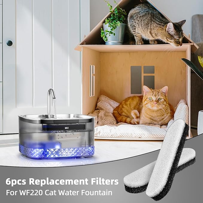 Cat Water Fountain Filters, 6 Packs/Box Replacement Filters for MAILOFY WF220 Automatic Cat Water Fountain 75oz/2.2L, Activated Carbon 3-layer Filtration to Purify Water and Remove Odors - PAWPICO