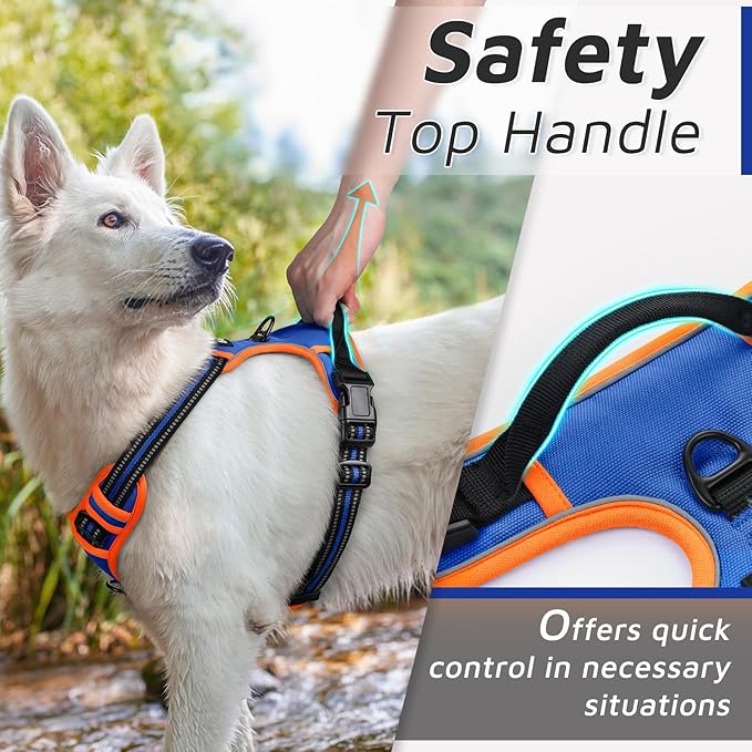 Eagloo Dog Harness for Large Dogs, No Pull Service Vest with Reflective Strips and Control Handle, Adjustable and Comfortable for Easy Walking, No Choke Harness with 2 Metal Rings, Blue & Orange, L GoExplorewithEagloo