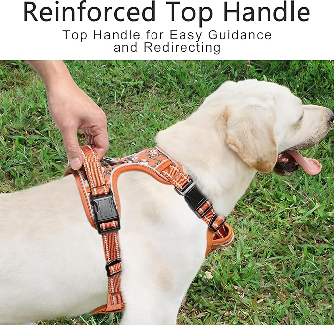 Timos Dog Harness for Large Dog, No Pull Service Vest with Reflective Strips and Control Handle,No Choke Dog Harness with 2 Metal Rings for Easy Walking,Outdoor Training,Flower Orange, L Timos