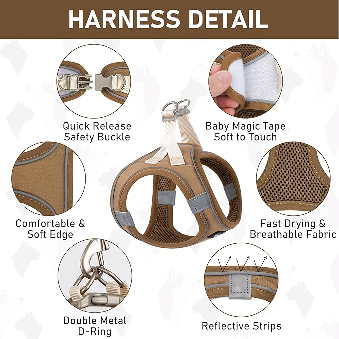 GAMUDA Small Pet Harness Collar and Leash Set, Step in No Chock No Pull Linen Fabric Soft Mesh Dog Vest Harnesses Reflective for Dogs Puppy Cats Kitten Rabbit (Brown, L) GAMUDACollarsCollection
