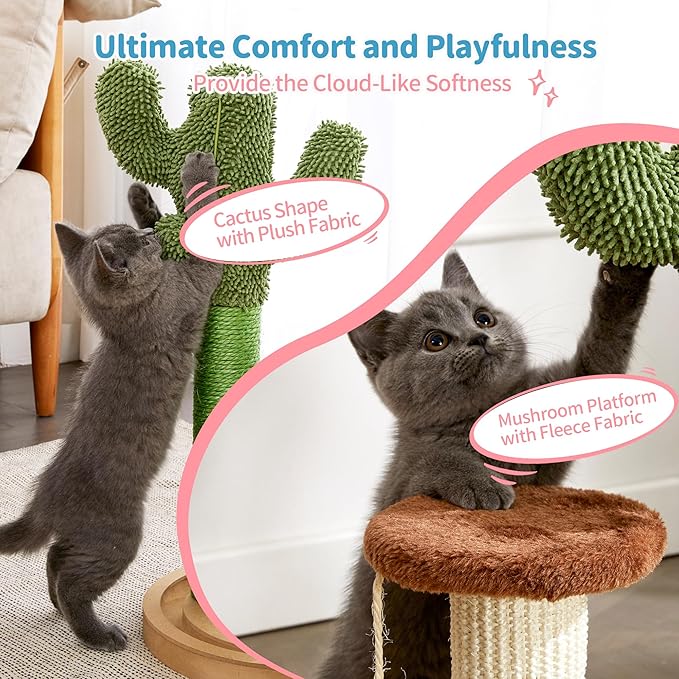 Made4Pets Cat Scratching Post, 21.7" Cactus Kitten Scratcher for Indoor Cats, Mushroom Cute Cat Tree with Sisal Scratch Post, Interactive Game Track Balls with Sturdy Wood Base for Small Kitty - PAWPICO