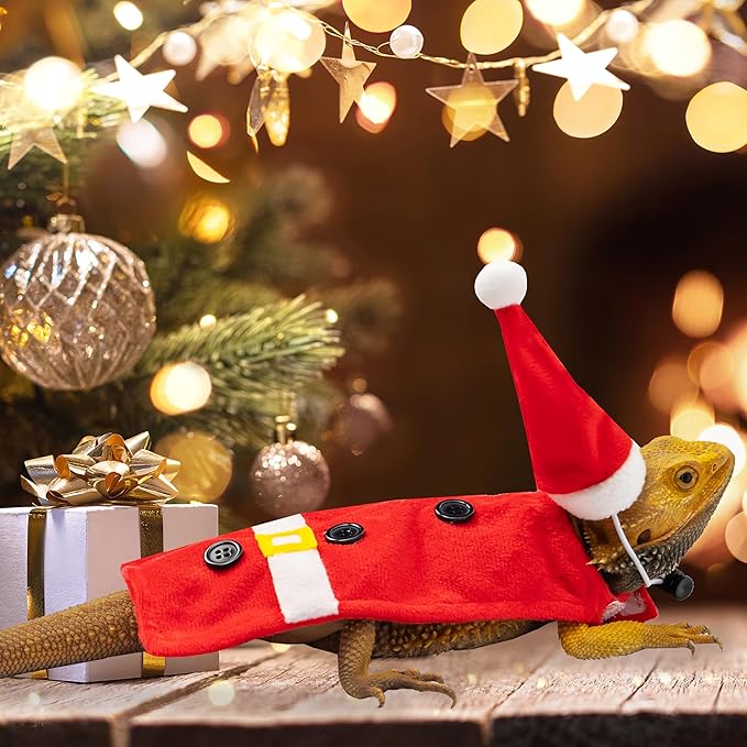 Christmas Bearded Dragon Costume, Cute Red Santa Claus Cosplay Lizard Clothes and Hat Set Outfit, Holiday Pet Costume Accessories for Reptile Small Animals tukoaw