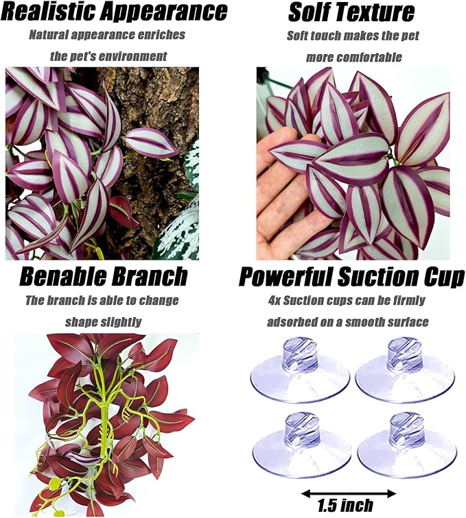 Woyrise 2 Pack Reptile Plants, Terrarium Hanging Plant Vines, Artificial Leaves with Suction Cup, Bearded Dragon Tank Accessories for Gecko Lizard Snake Frog Tortoise Decorations - Zebrina Purple Woyrise