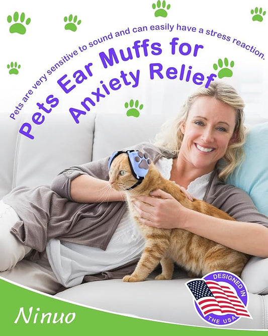Calming Earmuffs for Cats and Small Dogs - for Anxiety Relief - Noise Canceling for Fireworks, Thunderstorms, Pet Grooming & Force Drying - Dog Ear Muffs Noise Protection (Blue, Small) Ninuo