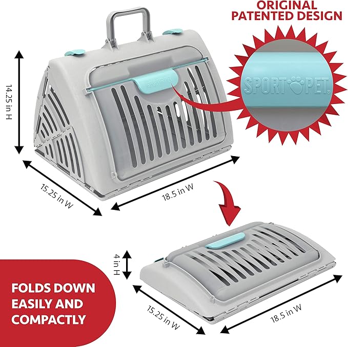SportPet Designs Sport Pet Foldable Travel Cat Carrier with A Waterproof Bed - Front Door Plastic Collapsible Carrier, Gray (CM-10064-CS01) - PAWPICO