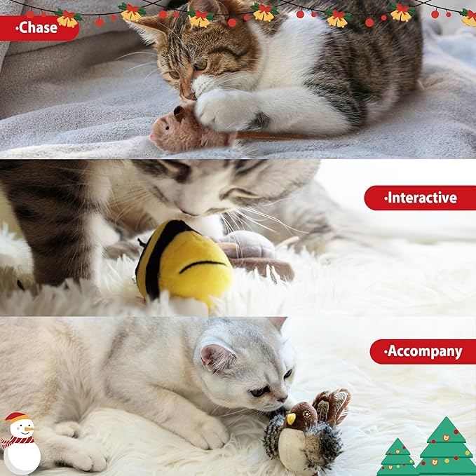 Gigwi Interactive Cat Toy Set, Squeaky Cat Feather Toys for Indoor Cats, 3PCS Cat Plush Toy Pack Including Mouse Hunt Cat Toy, Cat Chase Bird Toy, Cat Chirping Bee Toy - PAWPICO