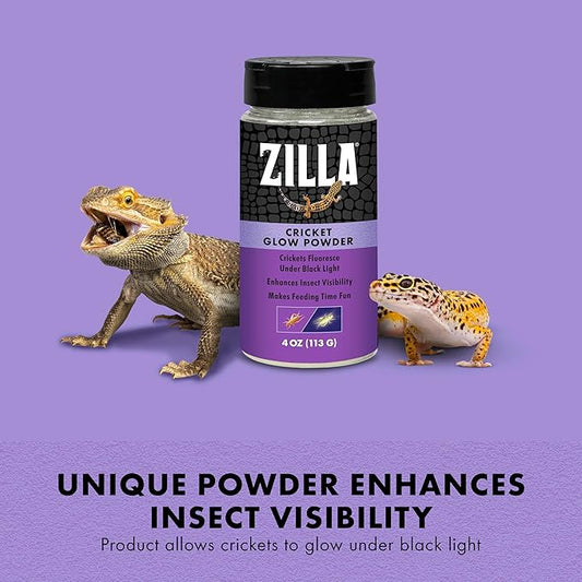 Zilla Cricket Glow Powder — add to Reptile Food for a Fun Twist, More exciting Than Plain Calcium Powder! Fluoresces Under Black Light, Ideal for Insectivores, 4 Ounces Zilla