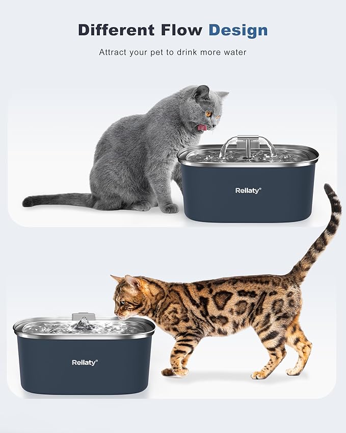 Cat Water Fountain Stainless Steel: 3.2L/108oz Pet Fountain Water Bowl Automatic Drinking Dispenser Cat Feeding & Watering Supplies, Ultra-Quiet Pump & Replacement Filter for Cats Inside(Navy) - PAWPICO