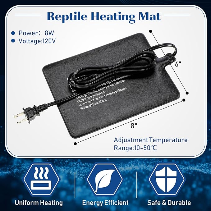 ROCEEI 4 Pcs 6" x 8" Reptile Heat Pad 8W 120V Under Tank Terrarium Heating Mat Heater Waterproof Hermit Crab Heating Pad for Turtle, Lizard, Frog, Snake, 10-20 Gallon Reptile Tank ROCEEI