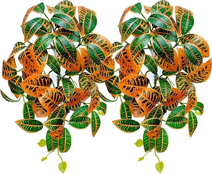 Woyrise 2 Pack Reptile Plants, Terrarium Hanging Plant Vines, Artificial Leaves with Suction Cup, Bearded Dragon Tank Accessories for Gecko Lizard Snake Frog Tortoise Decorations - Codiaeum Variegatum Woyrise