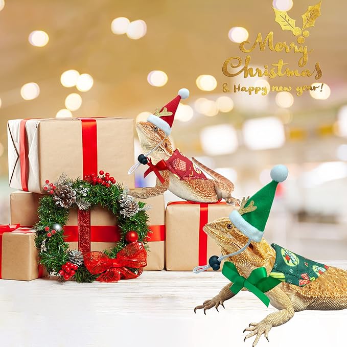 Vehomy Bearded Dragon Outfit, 4Pcs Christmas Costume Accessories - Santa Hats with Elk Horns & Reversible Bandanas for Hamster, Leopard Gecko, Guinea Pig Vehomy