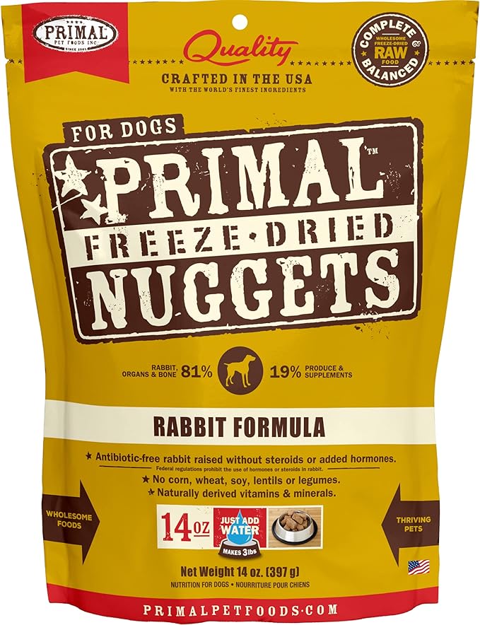 Primal Freeze Dried Raw Dog Food Nuggets, Rabbit, Complete & Balanced Meal, Also Use as Topper or Treat, Premium, Healthy, Grain Free, High Protein Raw Dog Food, 14 oz PrimalPetFoods
