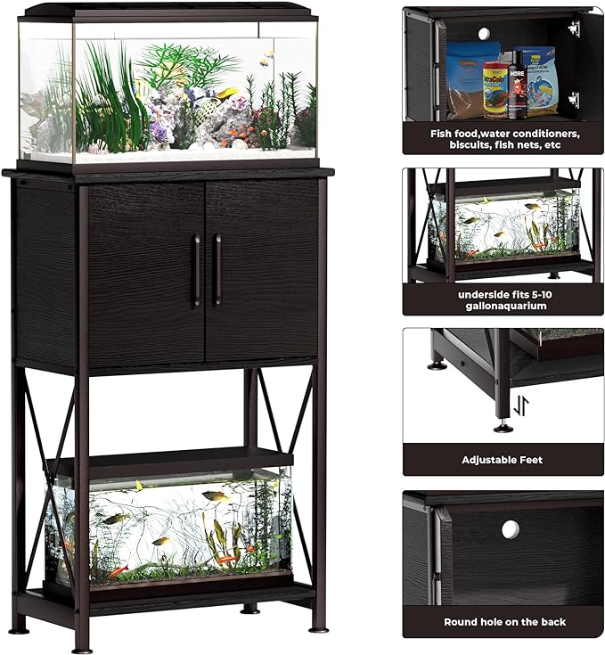 5-10 Gallon Fish Tank Stand, Metal Double Aquarium Stand with Cabinet for Fish Tank Accessories Storage, Heavy Duty 20.5" L* 11.02" W Tabletop, 500LBS Capacity Black PG06YGB Herture