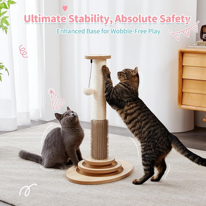 Made4Pets Cat Scratching Post, 23" Tall Sisal Cat Scratcher Post with Cat Self Groomer, 4-in-1 Interactive Trackball Toys with Cat Hair Brush, Vertical Cat Climbing Tree with Dangling Plush Balls - PAWPICO