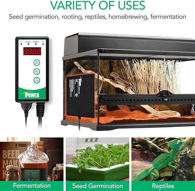 iPower 40-108 Degrees Fahrenheit Digital Heat Mat Thermostat Controller and 20" x 20" Hydroponic Seeding Warm Pad Plant Starting Kit Combo iPower