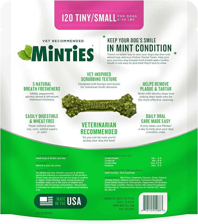 Minties Dental Chews for Dogs, 120 Count, Vet-Recommended Mint-Flavored Dental Treats for Tiny/Small Dogs 5-24 lbs, Dental Bones Clean Teeth, Fight Bad Breath, and Removes Plaque and Tartar Minties