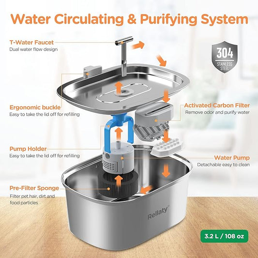 Cat Water Fountain Stainless Steel: 3.2L/108oz Pet Fountain Water Bowl Dog Drinking Dispenser Cat Feeding & Watering Supplies Animal Metal Kitty Spout for Cats Inside with 4 Replacement Filters - PAWPICO