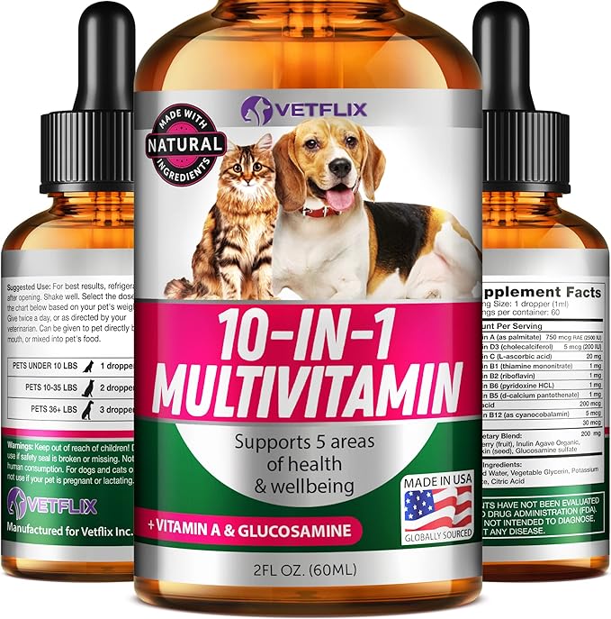 Pet Vitamins 10-in-1 Made in USA - Natural Glucosamine for Dogs & Cats, Essential Multivitamin Blend for Pet Joint Health, Longevity, Gut & Immune Health - All Ages, Breeds and Sizes 2 fl oz Vetflix
