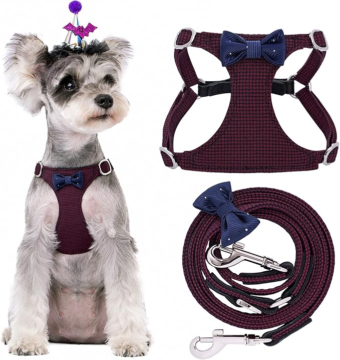Puppytie No Pull Small Dog Harness with Multifunction Dog Leash,Lightweight Soft Adjustable No Choke Escape Proof Pet Harness Vest Pet Harness Vest,Plaid deep red,S Puppytie