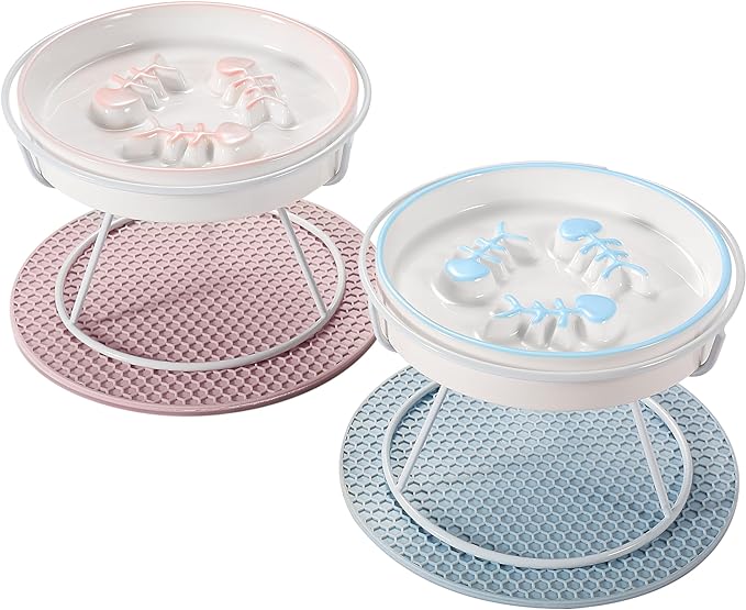 2PCS Ceramic Cat Slow Food Bowl for Wet and Dry Food, Elevated Design, Prevents Vomiting and Obesity, Raised Cat Puzzle Bowl, Stress-Free Slow Food Plate, Backflow Prevention, for Cats and Small Dog - PAWPICO