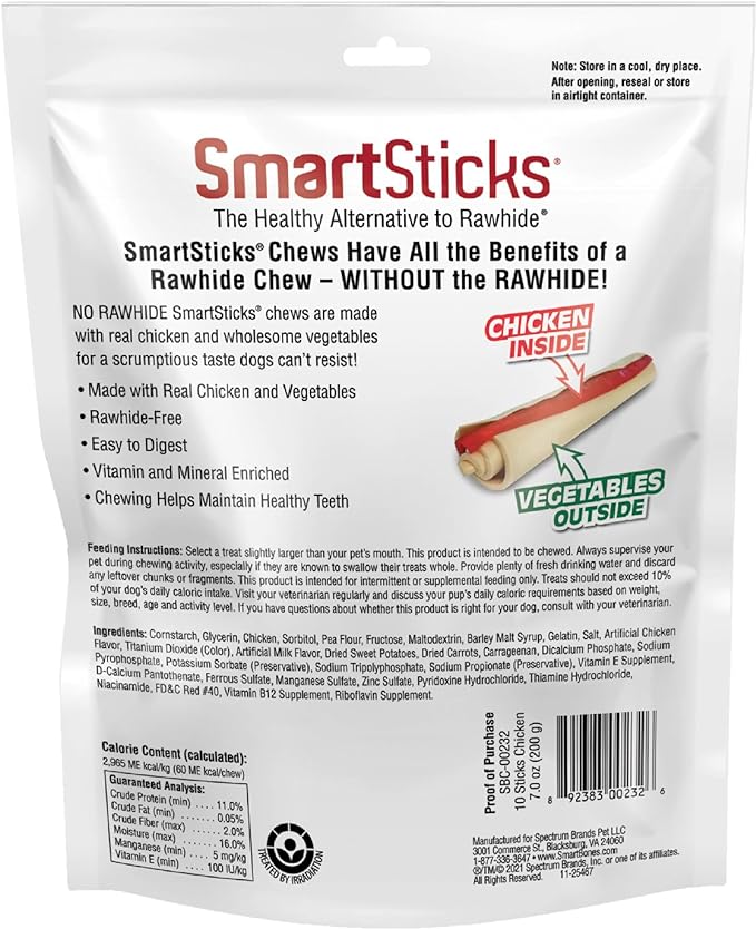 SmartBones SmartSticks, Treat Your Dog to a Rawhide-Free Chew Made With Real Chicken and Vegetables, 10 sticks - PAWPICO