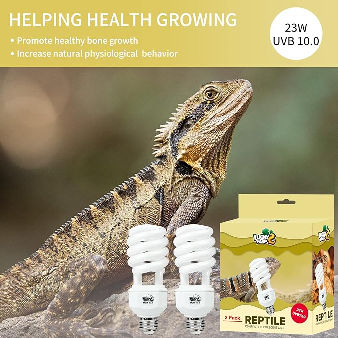 LUCKY HERP 2 Pack UVA UVB Reptile Light, 23W 10.0 UVB Bulb for Desert Reptiles, Compact Fluorescent Terrarium Lamp, Reptile UVB Bulb for Bearded Dragon, Lizard, Tortoise LUCKYHERP
