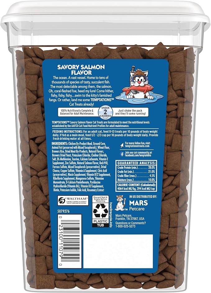 TEMPTATIONS Classic Crunchy and Soft Cat Treats Savory Salmon Flavor, 16 oz. Tub Temptations