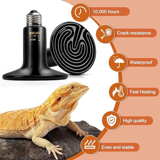 MIXJOY 250W Reptile Heat Lamp 2Pack Ceramic Heat Emitters Reptile Heat Lamp Bulbs, No Light Emitting Ceramic Heat Bulbs for Amphibian Terrarium Reptile Gecko Lizard Bearded Dragon Turtle Chicken Snake MIXJOY