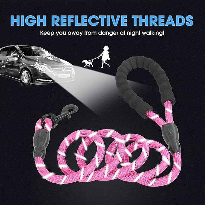 BAAPET 2/4/5/6 FT Dog Leash with Comfortable Padded Handle and Highly Reflective Threads for Small Medium and Large Dogs (5FT-1/2'', Pink) BAAPET
