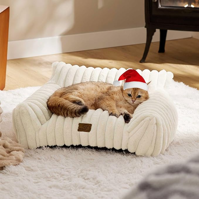 Bedsure Cute Cat Couch for Pets - Fluffy Cat Sofa with Premium Soft Corduroy Fleece, Fuzzy Cat Couch Bed with Removable Washable Cover, Supportive Cat Chair for Indoor Cats, 24inch, Cream - PAWPICO