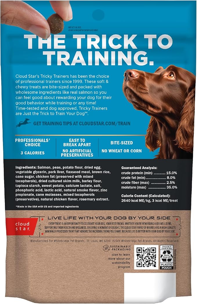 Cloud Star Tricky Trainers Soft & Chewy Dog Training Treats 5 oz Pouch, Salmon Flavor, Low Calorie Behavior Aid with 130 treats - PAWPICO