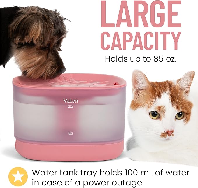 Veken Cat Water Fountain, 84oz/2.5L Automatic Pet Water Fountain Dog Water Dispenser with a Detachable Water Tank, Easy Cleaning for Cats, Dogs (Pink) - PAWPICO