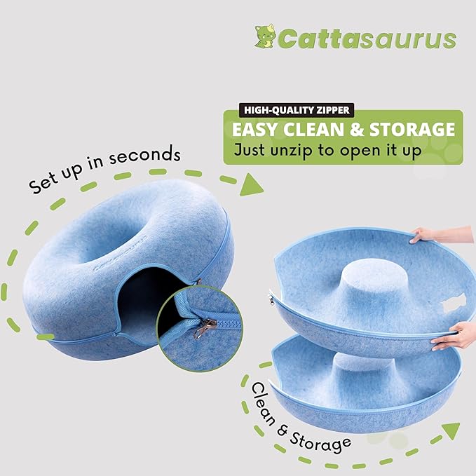 CATTASAURUS Peekaboo Cat Cave for Multiple & Large Cats Up to 30-45 Lbs, Scratch Detachable & Washable Tunnel Bed, Comfy Donut Cat Cave (Blue, Jumbo) - PAWPICO
