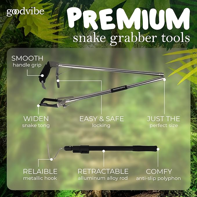 goodvibe Snake Grabber Tool Kit - Multi Tool Set with Catcher Grabber, Snake Hook, LED Light, Gloves & Snake Transport Bag - Complete 6-Pieces PAWPICO
