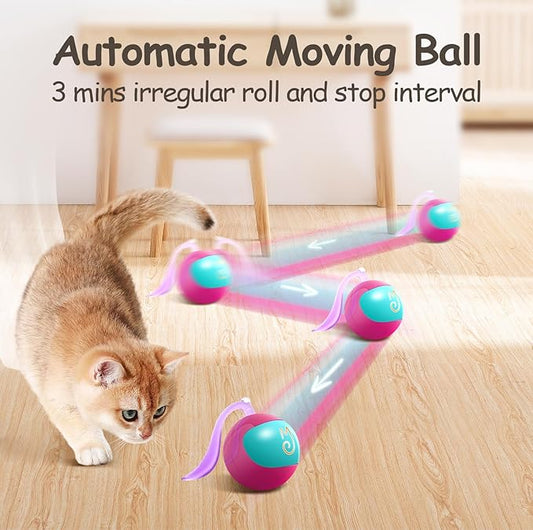 Migipaws Interactive Cat Ball Toy Set, Fun Tracker, Automatic Rolling Chase Ball with Fluffy Tail, A Small Mice, Rechargeable(Rose) - PAWPICO