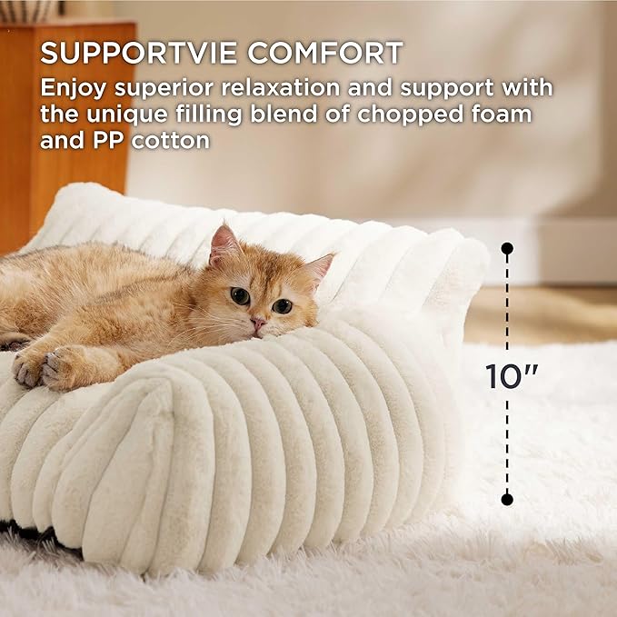 Bedsure Cute Cat Couch for Pets - Fluffy Cat Sofa with Premium Soft Corduroy Fleece, Fuzzy Cat Couch Bed with Removable Washable Cover, Supportive Cat Chair for Indoor Cats, 24inch, Cream - PAWPICO