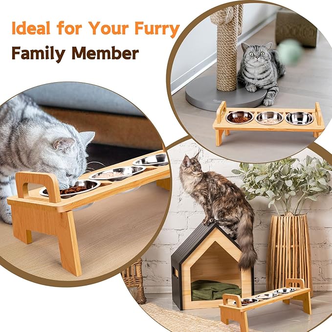 Elevated Cat Food Bowl, 3 Stainless Steel Raised Cat Bowls with Stand, 15°Tilted Cat Bowl for Indoor Cats, Cat Food and Water Bowl Set, Anti Vomitting, Whisker Fatigue and Dishwasher Safe - Natural - PAWPICO