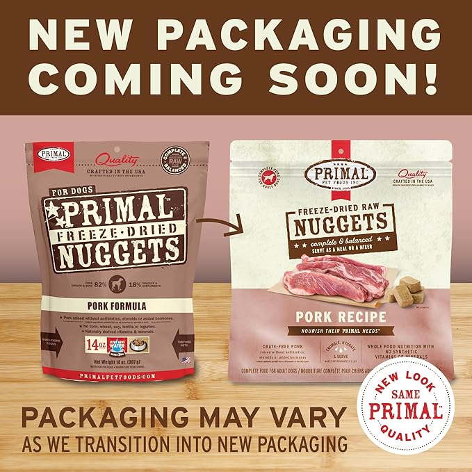 Primal Freeze Dried Raw Dog Food Nuggets, Pork, Complete & Balanced Meal, Also Use as Topper or Treat, Premium, Healthy, Grain Free, High Protein Raw Dog Food, 14 oz PrimalPetFoods